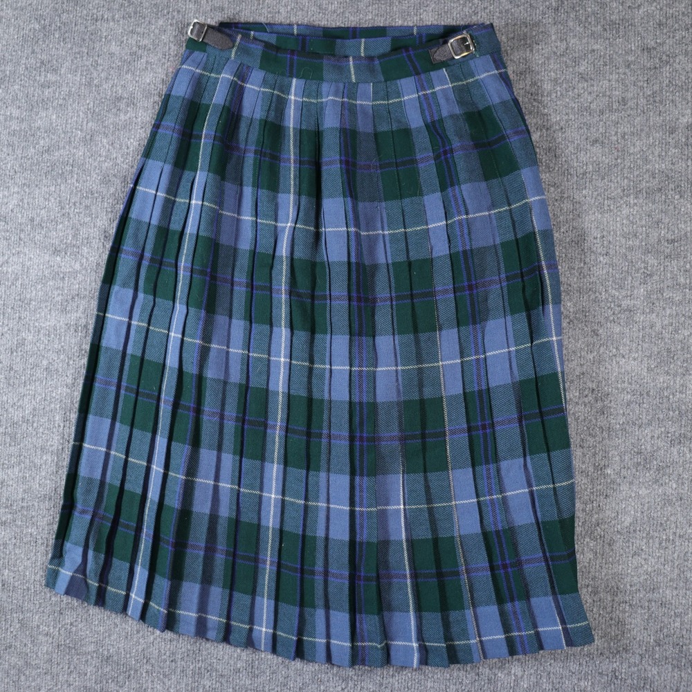 vintage Pitlochry Skirt Wool Kilt Tartan Plaid Pleated UK 14 US 10 Scotland Belt